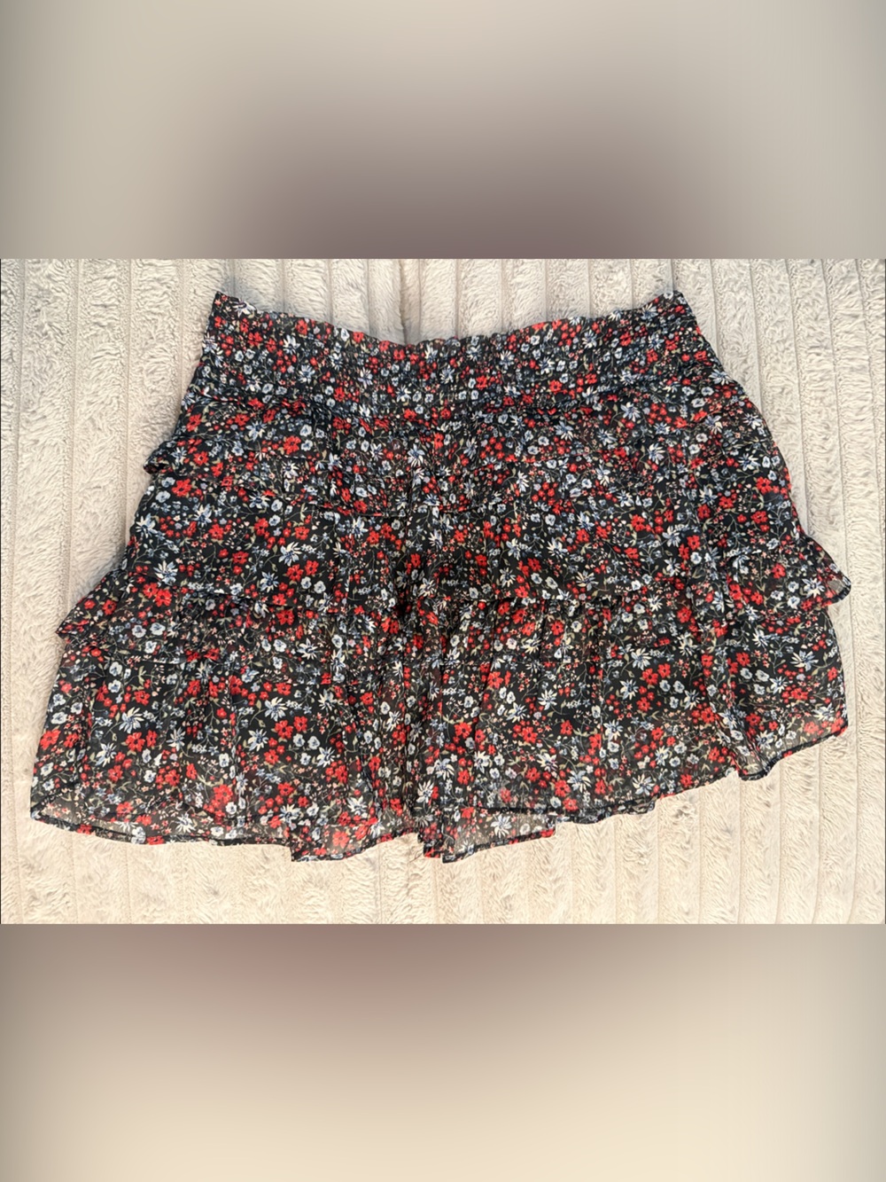 H&M Black Floral Tiered Mini Skirt with Red and White Flowers